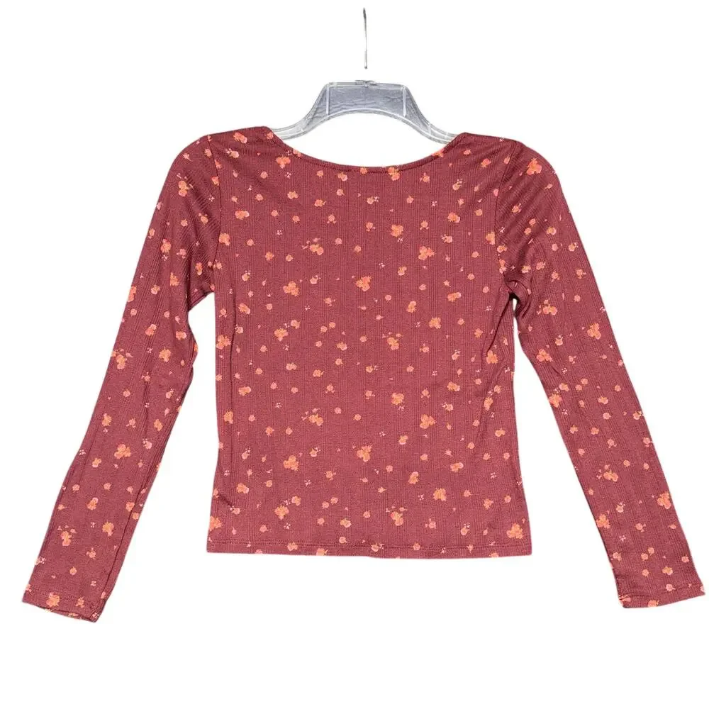 Old Navy Girls Rib Knit Shirt Top Pullover Square Neck Floral Burgundy Stretch
